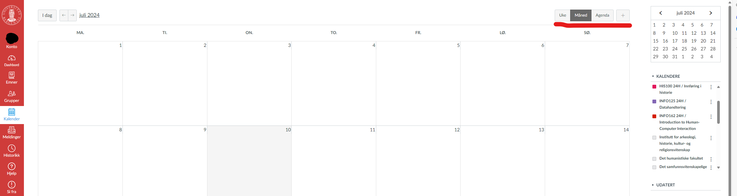 Skjermbilde av hvordan det ser ut inne i en privat brukerkonto i Mitt UiB når man bruker menyvalget Kalender. 